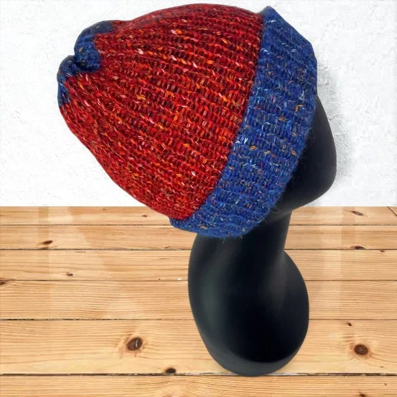 Handmade Cotton Alpaca Tweed Knit Blue Denim & Strawberry Red Unisex Beanie - Picture 4 of 10